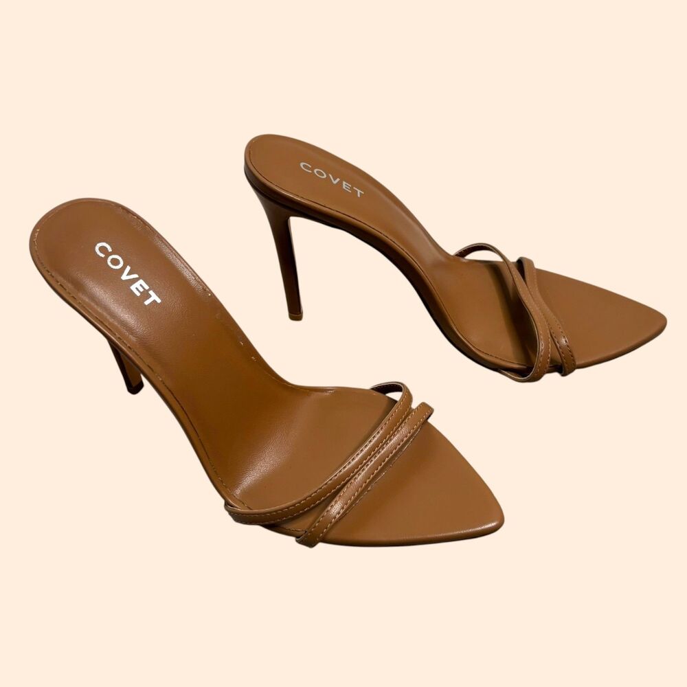 Covet Tan Strappy Pointed-Toe Stiletto Mules